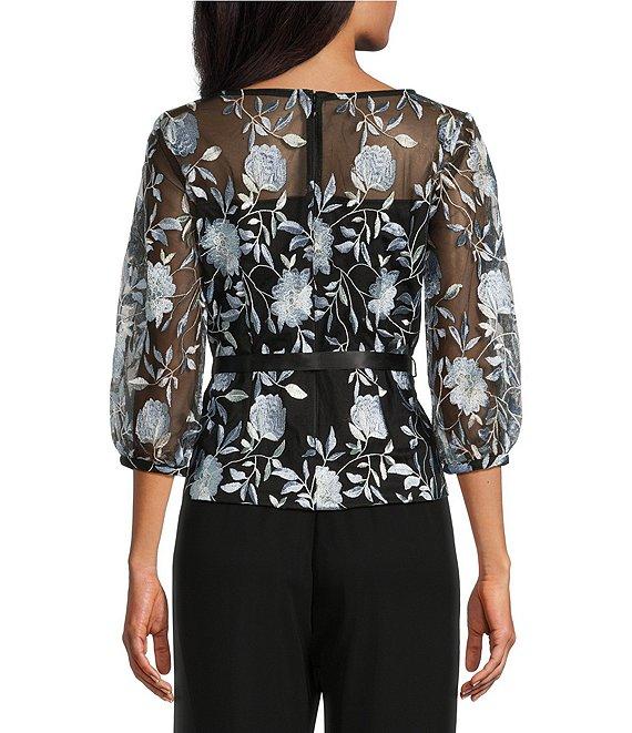 Alex Evenings Boat Neck 3/4 Illusion Sleeve Tie Sash Belt Embroidered Stretch Tulle Blouse Product Image