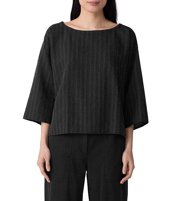 Eileen Fisher Organic Cotton Blend Yarn-Dyed Stripe Boat Neck 3/4 Sleeve Box Top Product Image