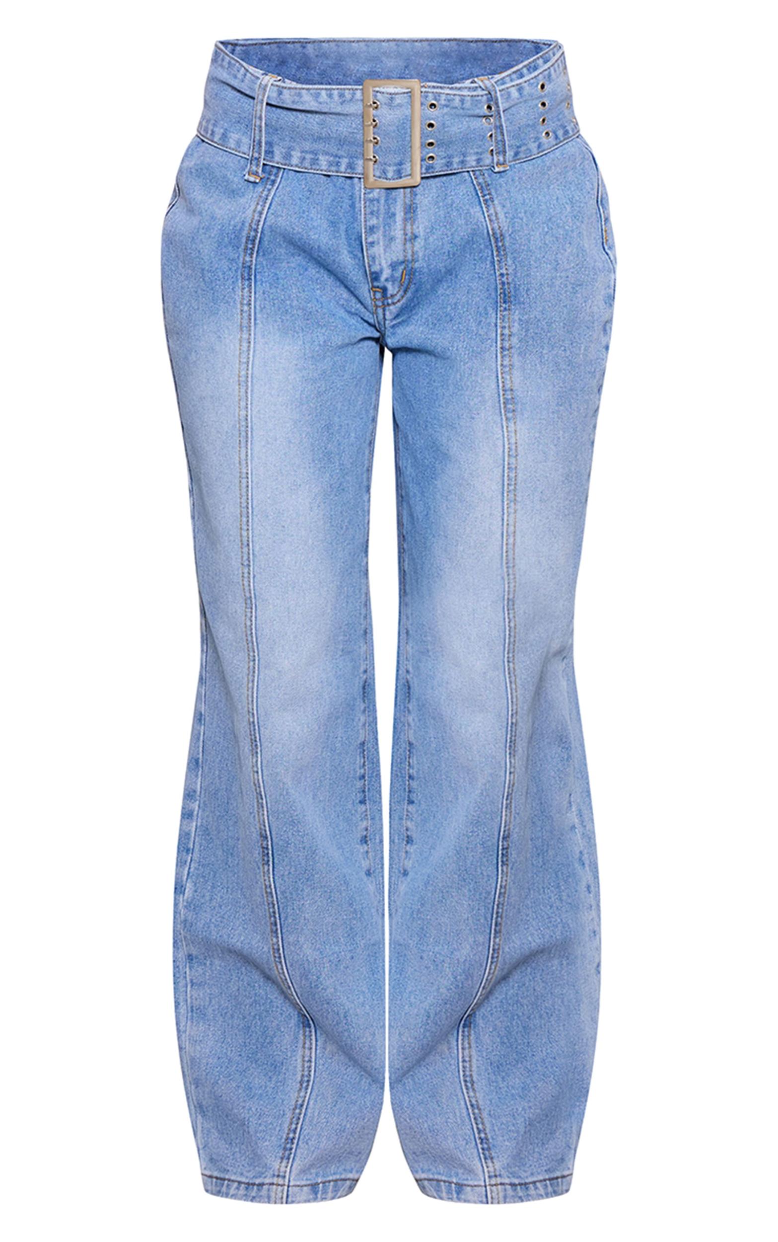 Petite Light Blue Denim Buckle Detail Straight Leg Jeans Product Image