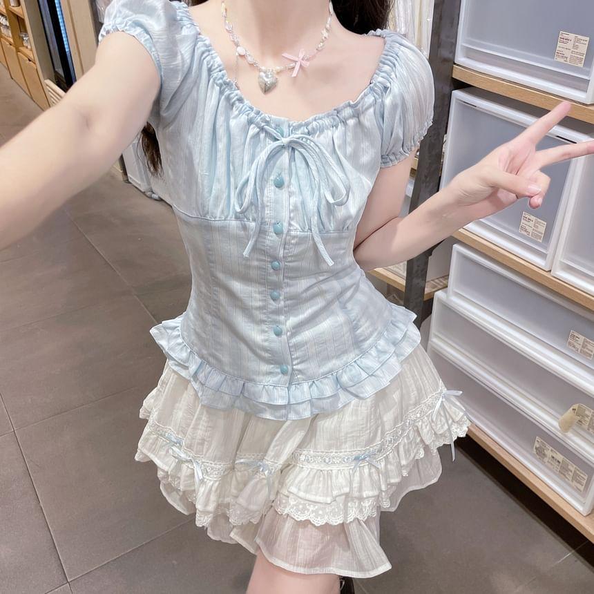 Puff-Sleeve Striped Bow Ruffle Blouse / High Waist Lace Trim Mini A-Line Skirt Product Image