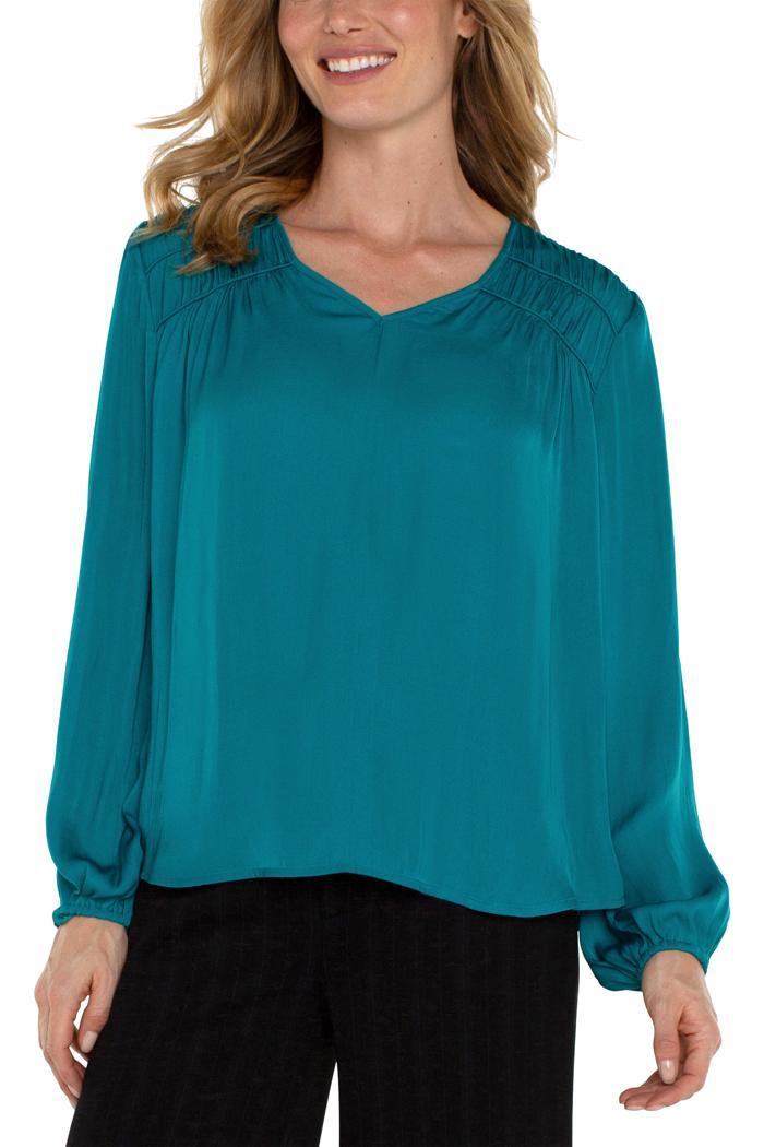 Long Sleeve V Neck Woven Blouse With Shirring Product Image