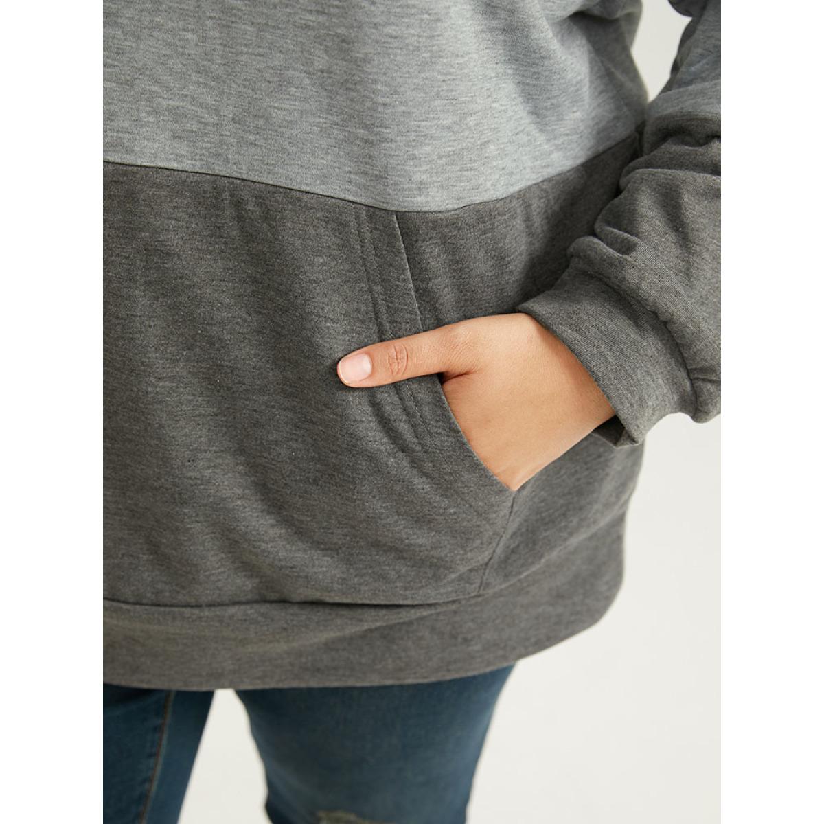 Plus Size Colorblock Contrast Half Zip Hooded Sweatshirt Women DimGray Casual Elastic cuffs Hooded Dailywear Sweatshirts BloomChic 18-20/2X Product Image