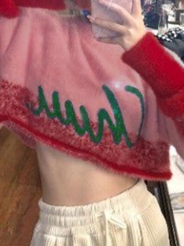 Contrast Color Jacquard Splice Loose Short Sweater Product Image