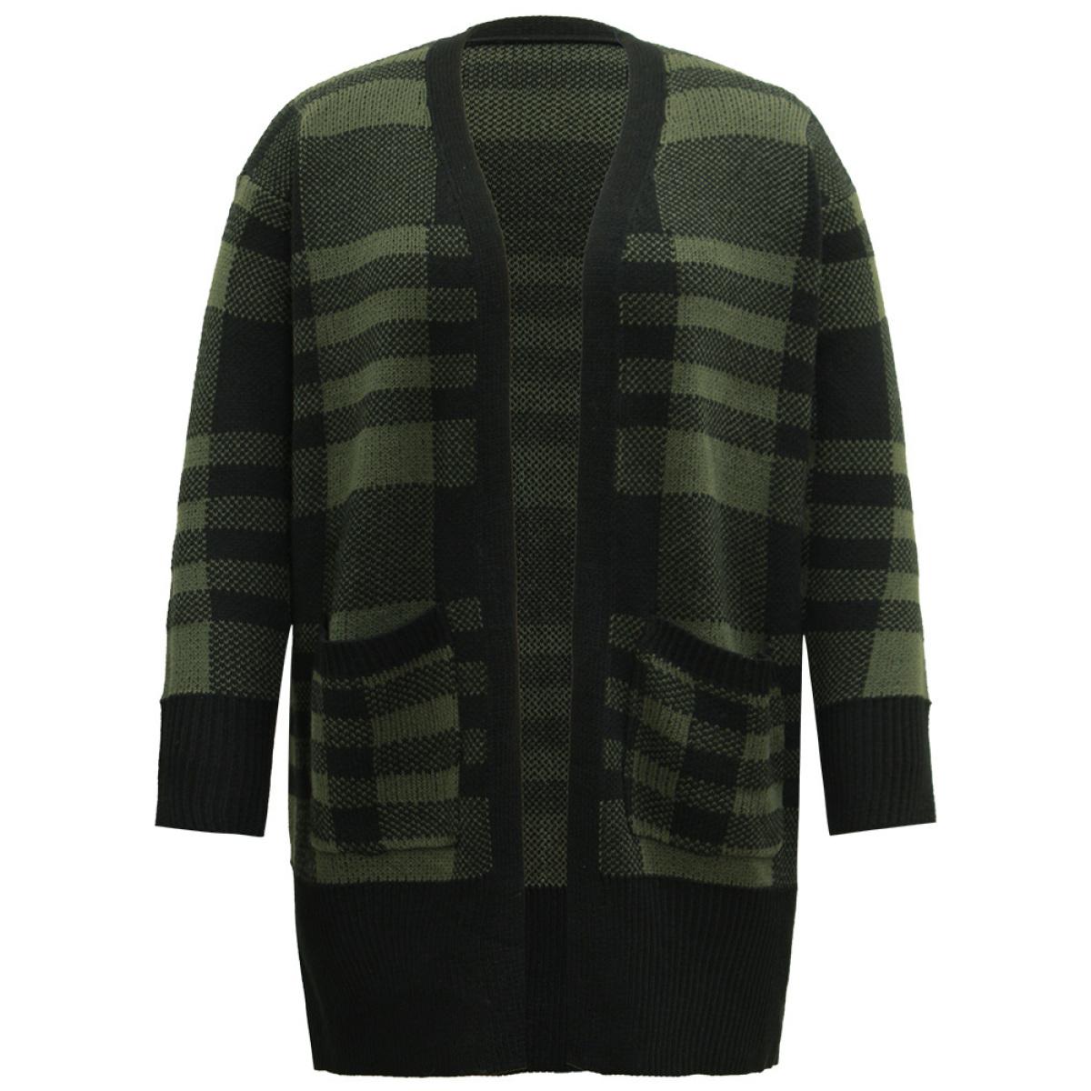 Plus Size Plaid Patchwork Split Side Open Front Cardigan DarkGreen Women Casual Loose Long Sleeve Festival-Christmas Cardigans BloomChic 30/6X Product Image