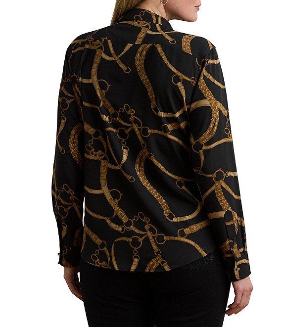 Lauren Ralph Lauren Plus Size Crepe de Chine Belting Print Point Collar Long Sleeve Button Front Shirt Product Image