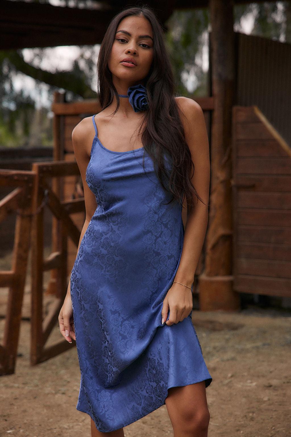 Aubrey Blue Satin Jacquard Midi Dress Product Image