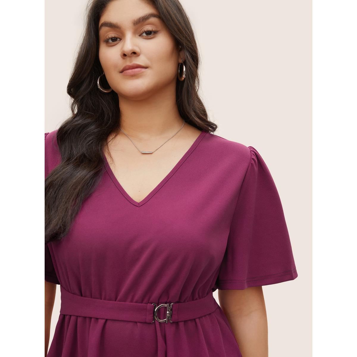 Plus Size Purple Solid Elastic Waist Flutter Sleeve Buckle Detail Blouse Women At the Office Short sleeve V-neck Work Blouses BloomChic 26/4X Product Image