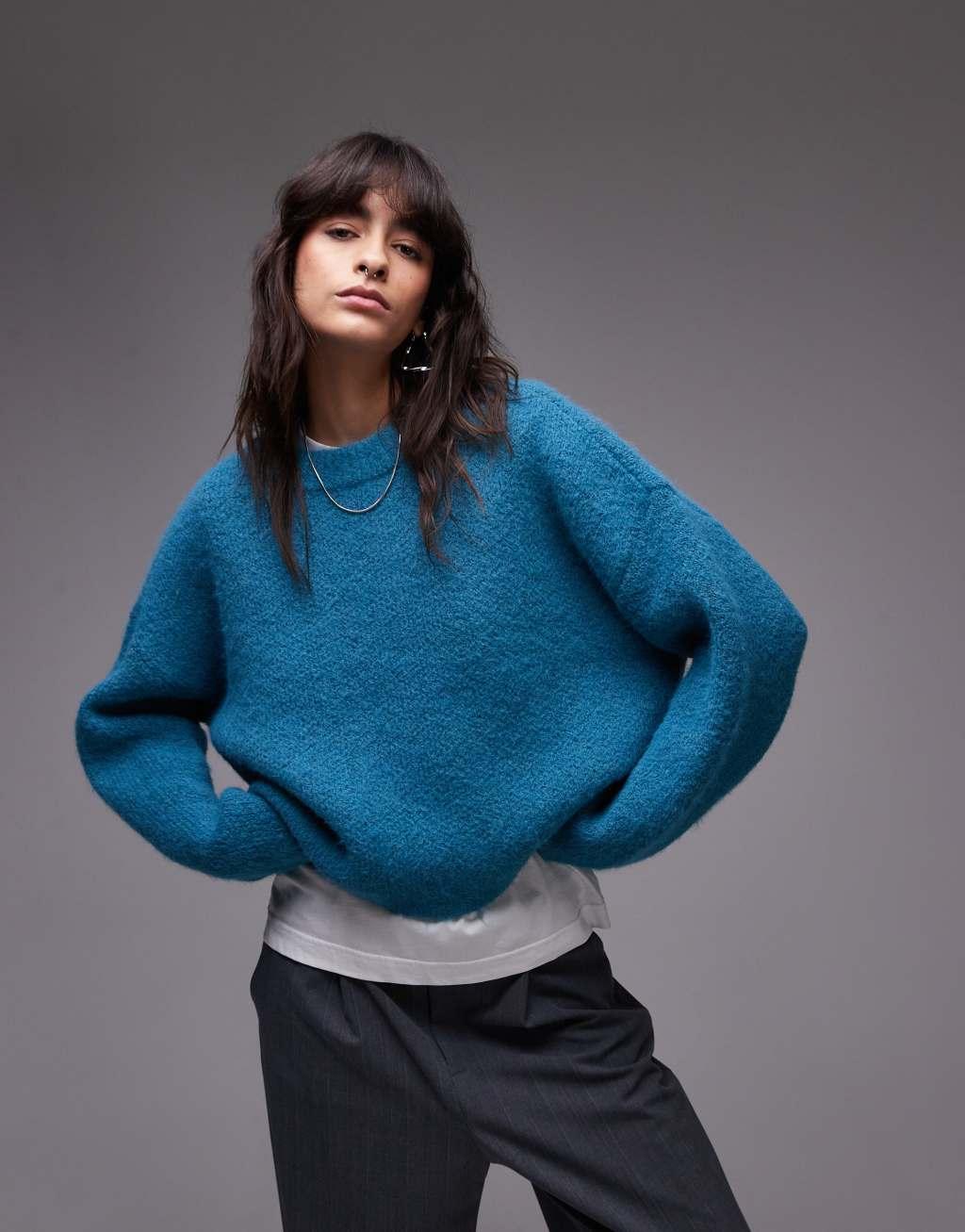 Topshop knitted fluffy relaxed ultimate sweater in blue Product Image