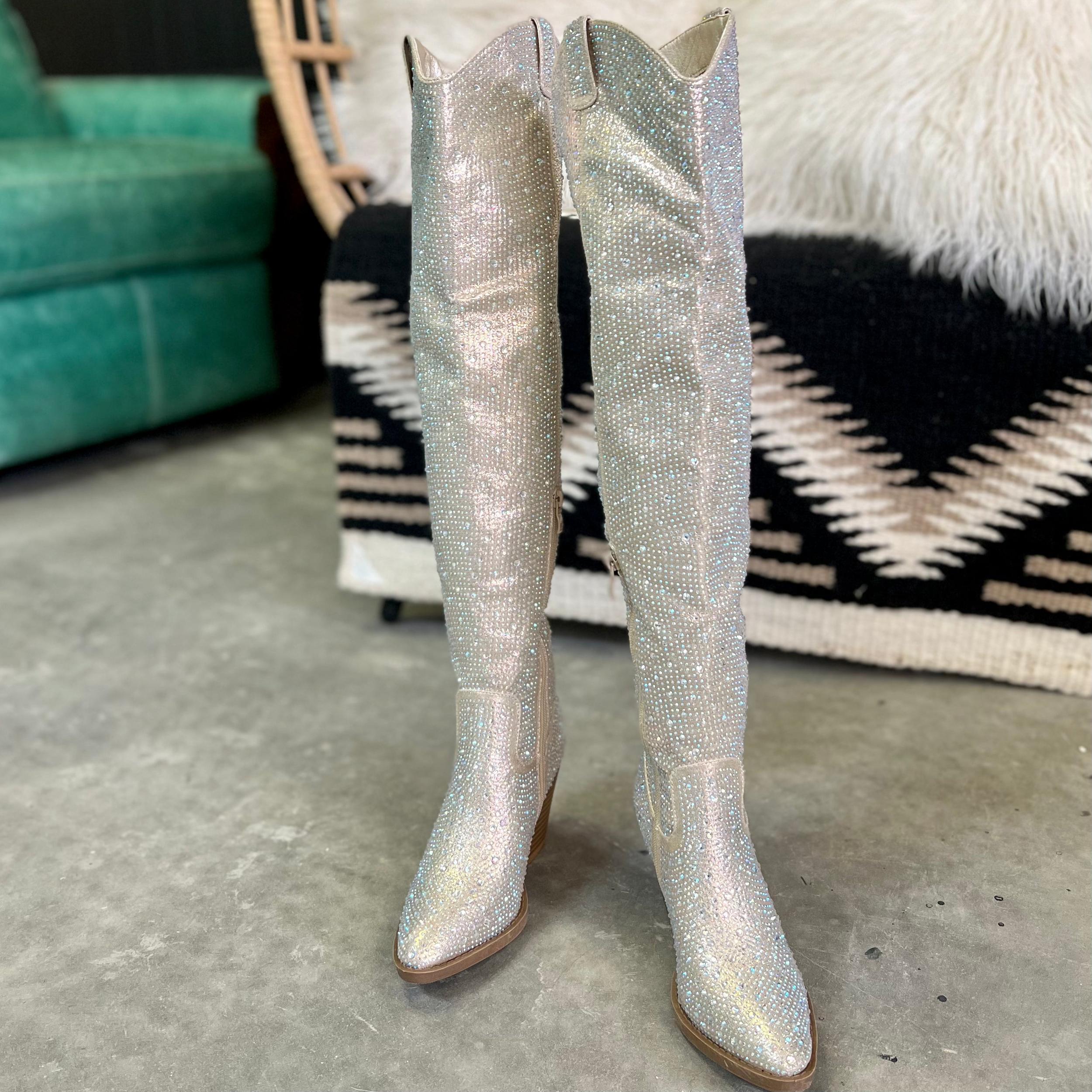 Champagne Bring Ya To Your Knees Rhinestone Boots* Product Image