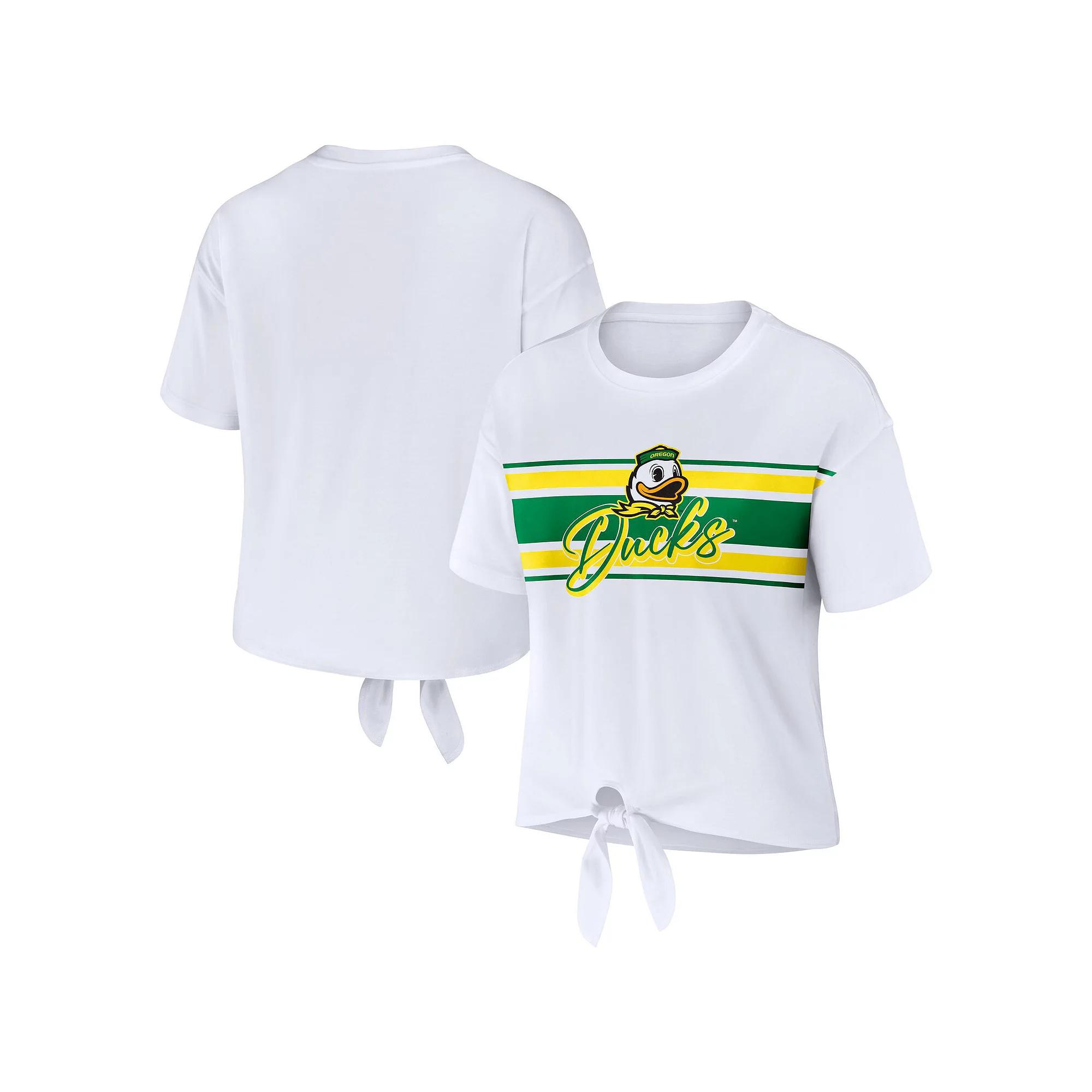 Women's WEAR by Erin Andrews White Oregon Ducks Striped Front Knot Cropped T-Shirt,  Product Image