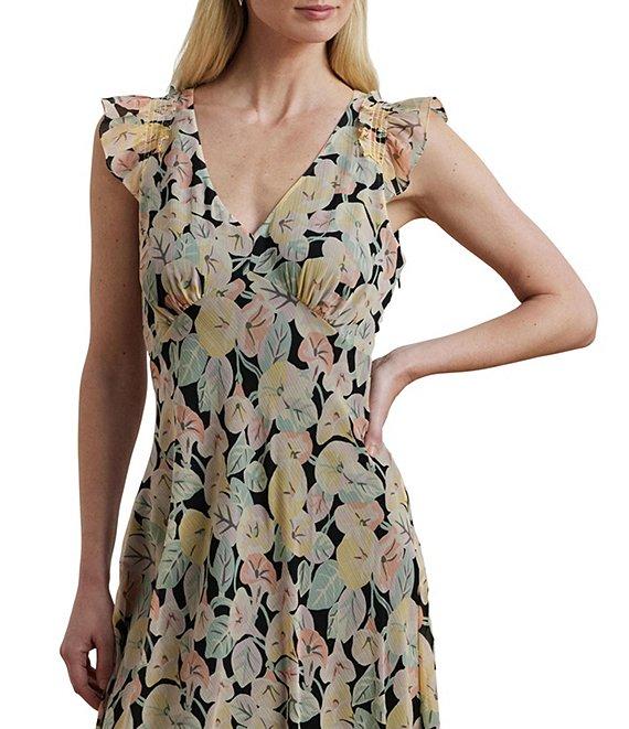 Lauren Ralph Lauren Crinkle Georgette Floral Print V-Neck Cap Sleeve Midi A-Line Dress Product Image