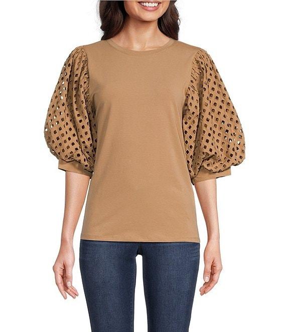 Gibson & Latimer Knit Contrast Eyelet Crew Neck Short 3/4 Balloon Sleeve Top Product Image
