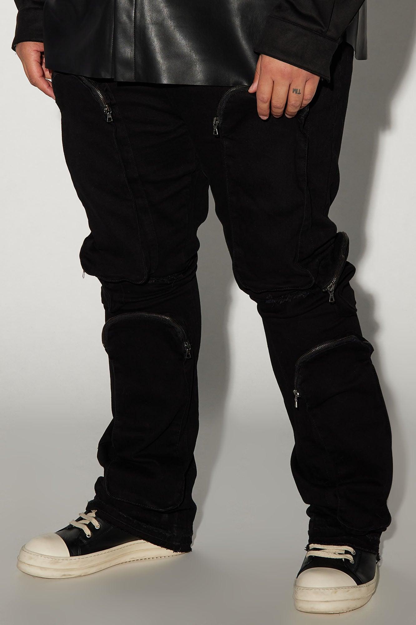 Many Pockets Cargo Stacked Skinny Flare Jeans - Black Product Image