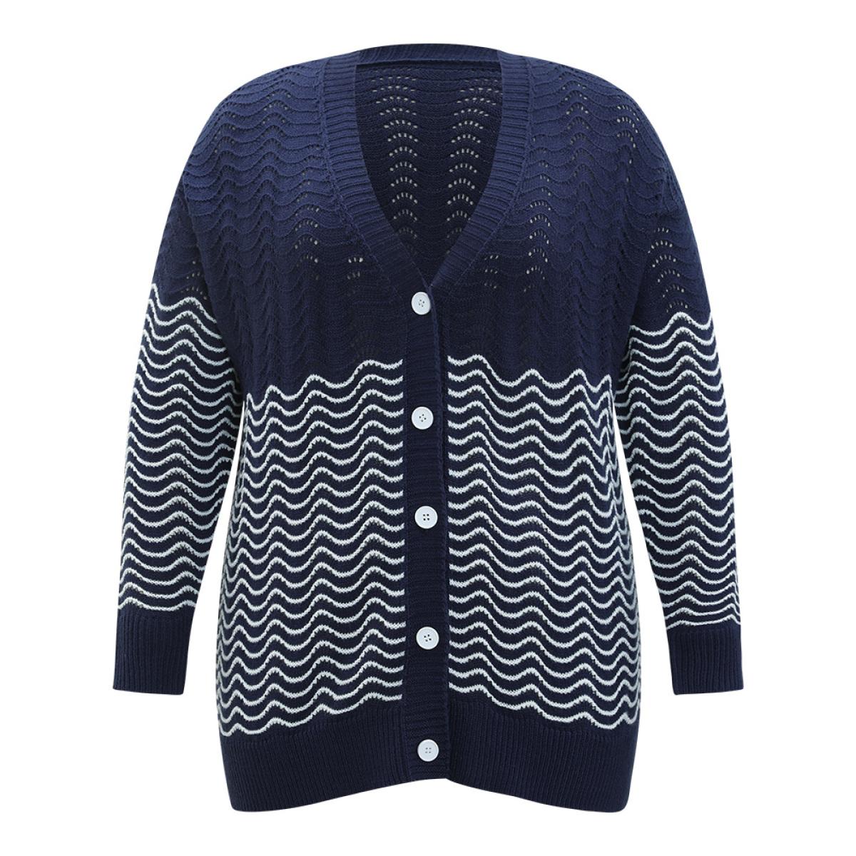 Plus Size Water Ripple Button Fly Elastic Cuffs Cardigan DarkBlue Women Casual Loose Long Sleeve Dailywear Cardigans BloomChic 28/5X Product Image