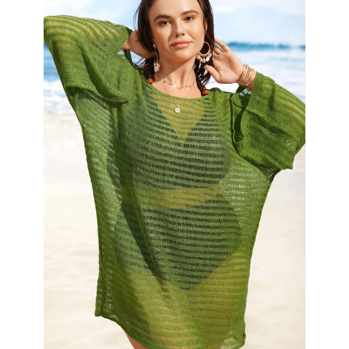 Plus Size Boat Neck Pointelle Knit Batwing Sleeve Swim Cover Up Women's Swimwear Moss Beach Loose Texture Curve Swim Cover Ups BloomChic 14-16/1X Product Image