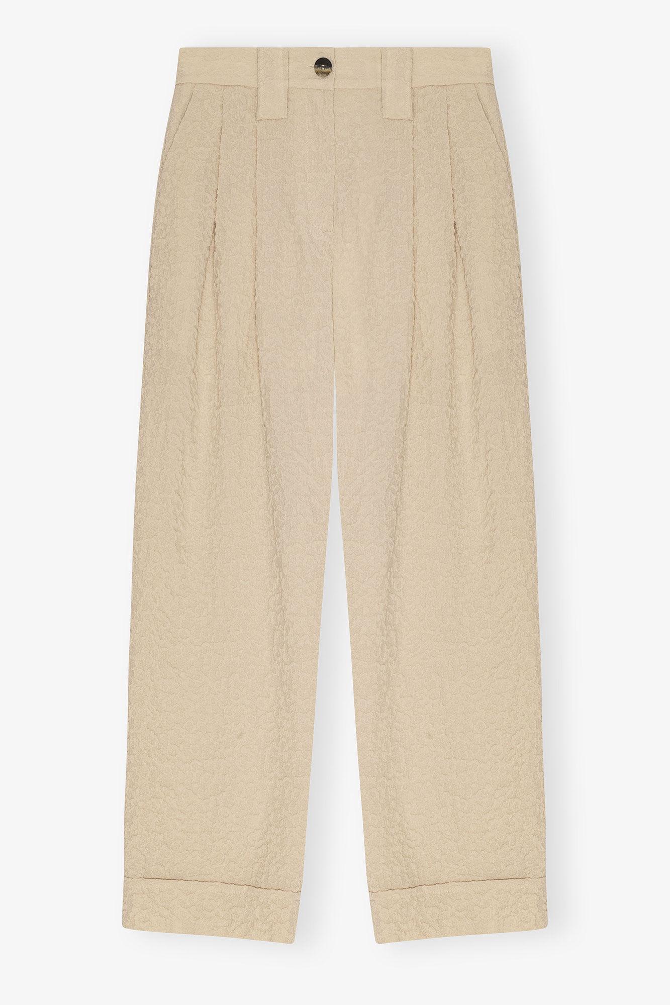 Beige Textured Suiting Mid Waist Pants Product Image