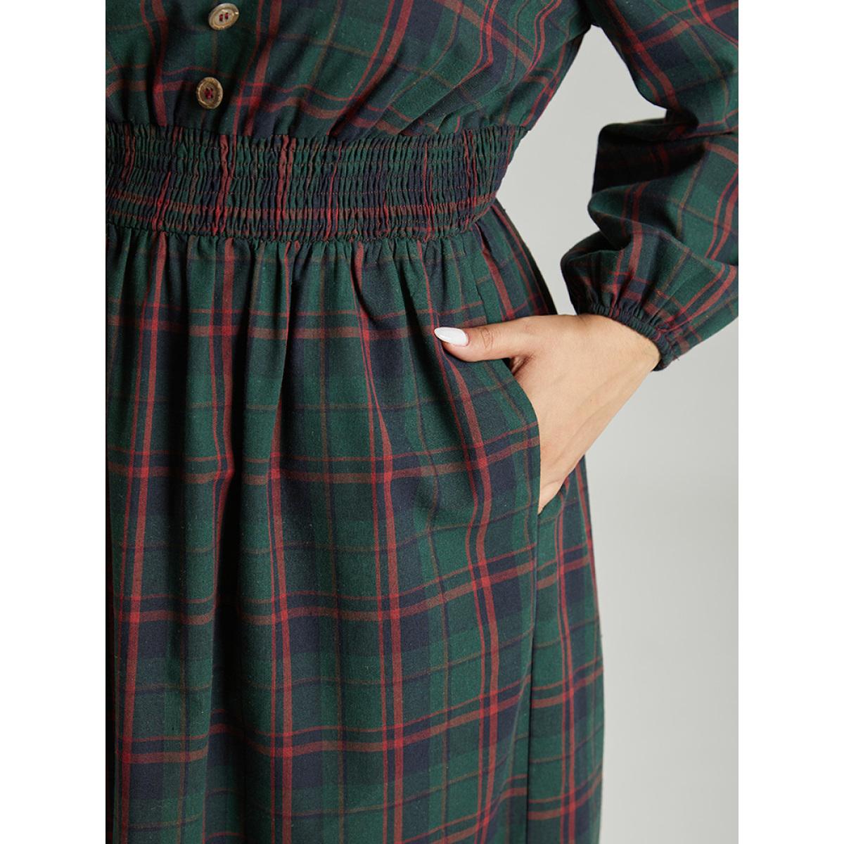 Plus Size Plaid Shirred Button Detail Ruffle Hem Dress Multicolor Women Office Elastic cuffs V-neck Long Sleeve Curvy Midi Dress BloomChic 18-20/2X Product Image