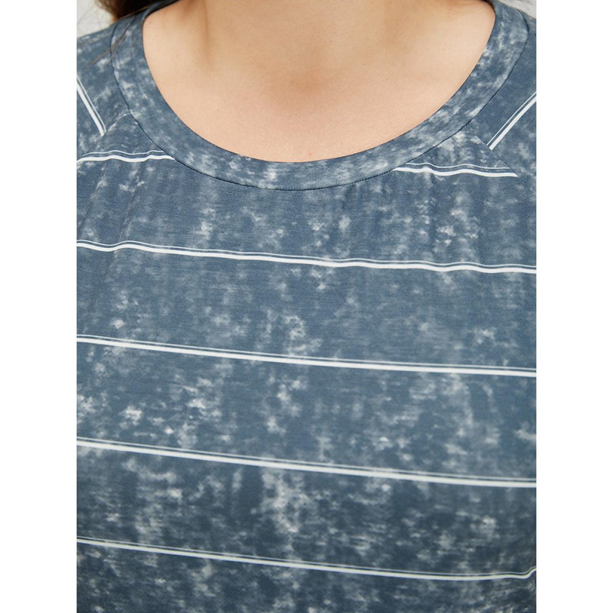 Plus Size Striped Print Raglan Sleeve Vintage T-shirt DimGray Women Casual Contrast Striped Round Neck Dailywear T-shirts BloomChic 22-24/3X Product Image
