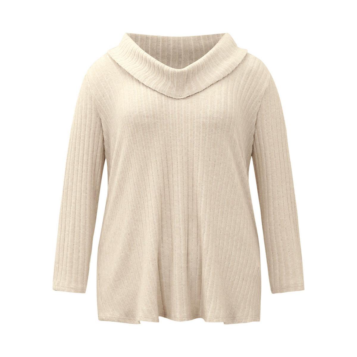 Plus Size Plain Rib Knit Cowl Neck T-shirt Apricot Women Elegant Texture Plain Ruffled collar Dailywear T-shirts BloomChic 18-20/2X Product Image