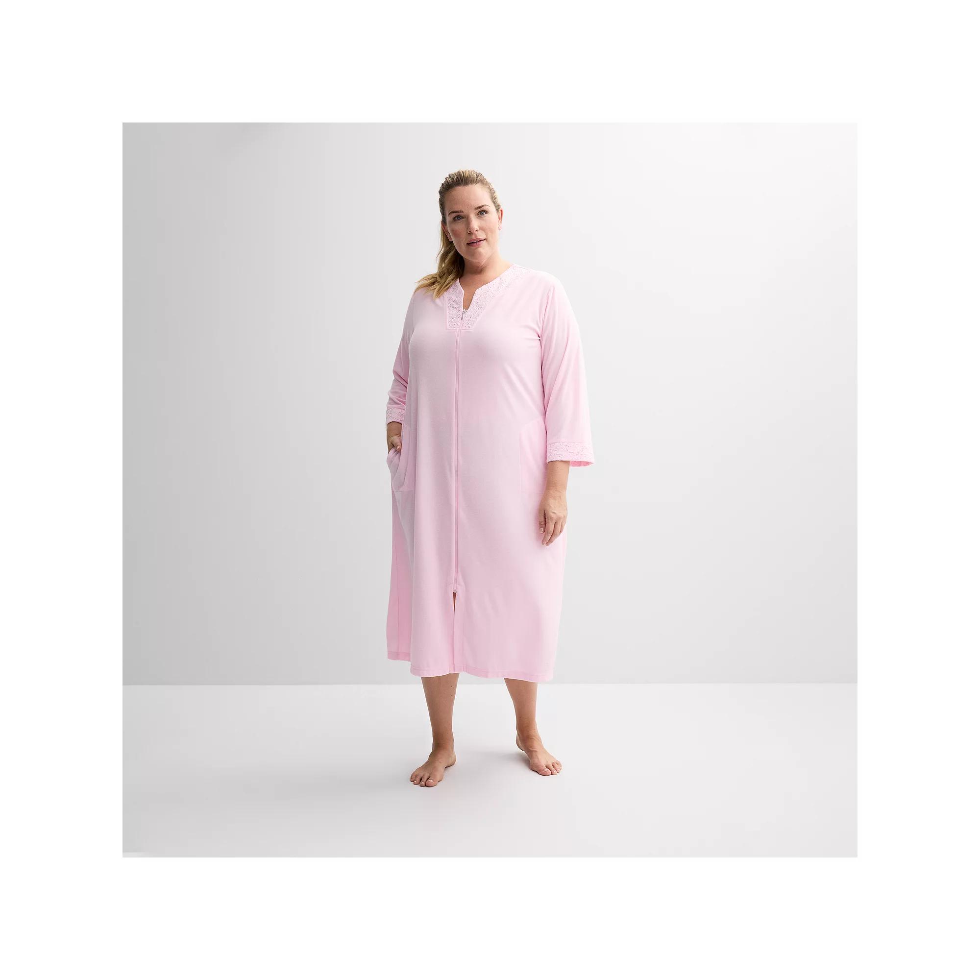 Plus Size Miss Elaine Essentials Terry Long Zip Robe, Women's, Size: 1XL, Pink Product Image