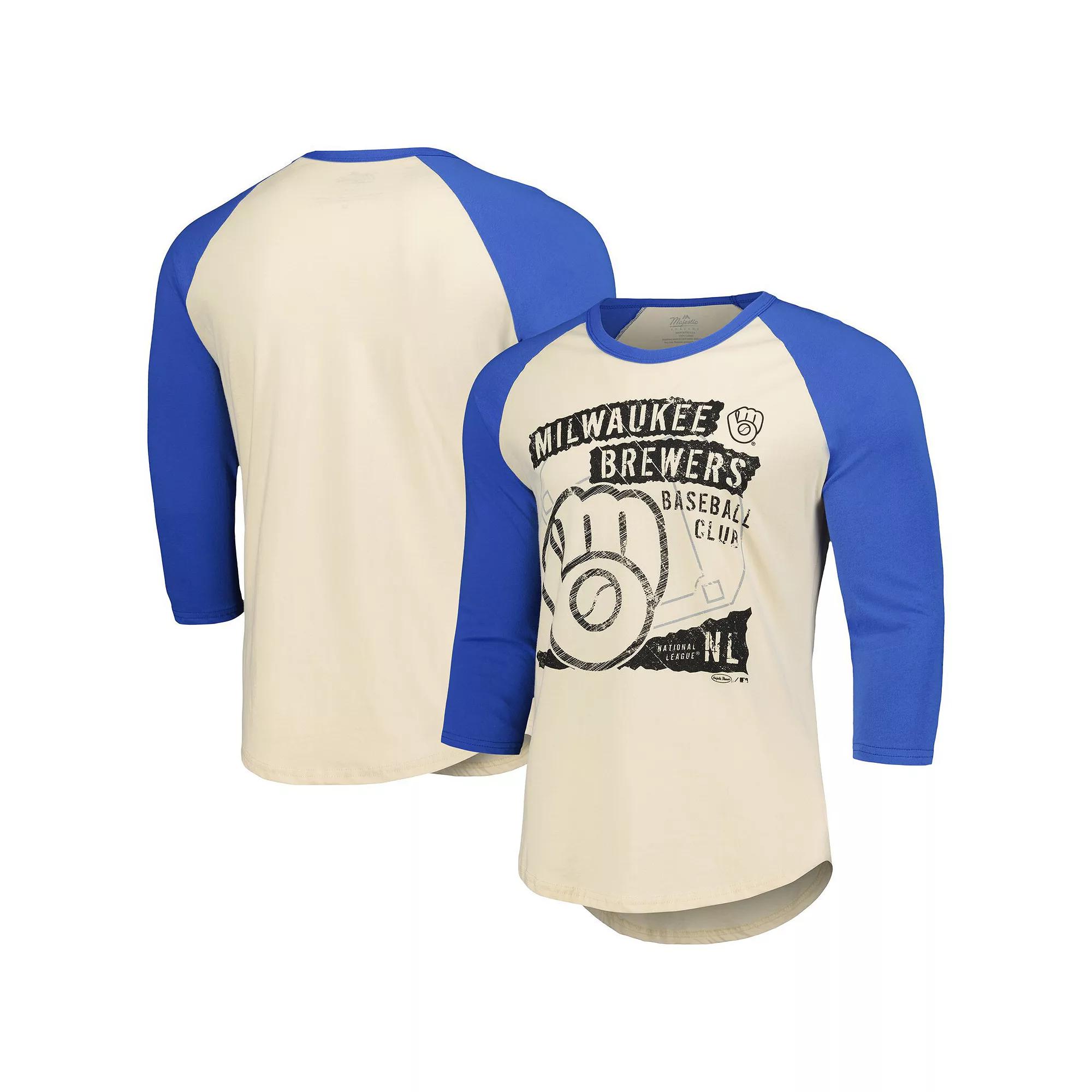 Men's Majestic Threads Cream/Royal Milwaukee Brewers Raglan 3/4-Sleeve T-Shirt, Size: Large, Beige Product Image