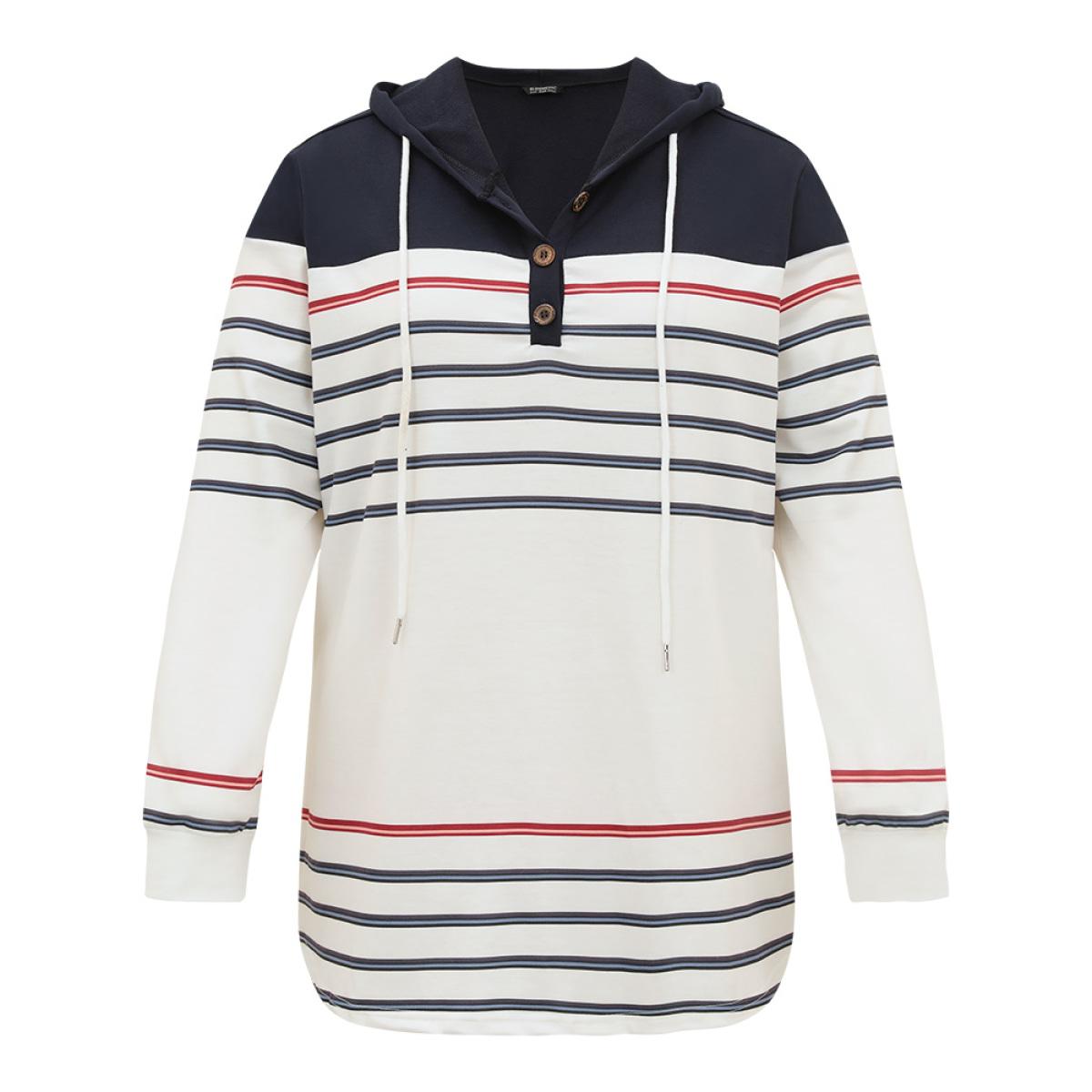 Plus Size Striped Contrast Patchwork Drawstring Button Up Hooded Sweatshirt Women Multicolor Casual Elastic cuffs Hooded Dailywear Sweatshirts BloomChic 10/M Product Image