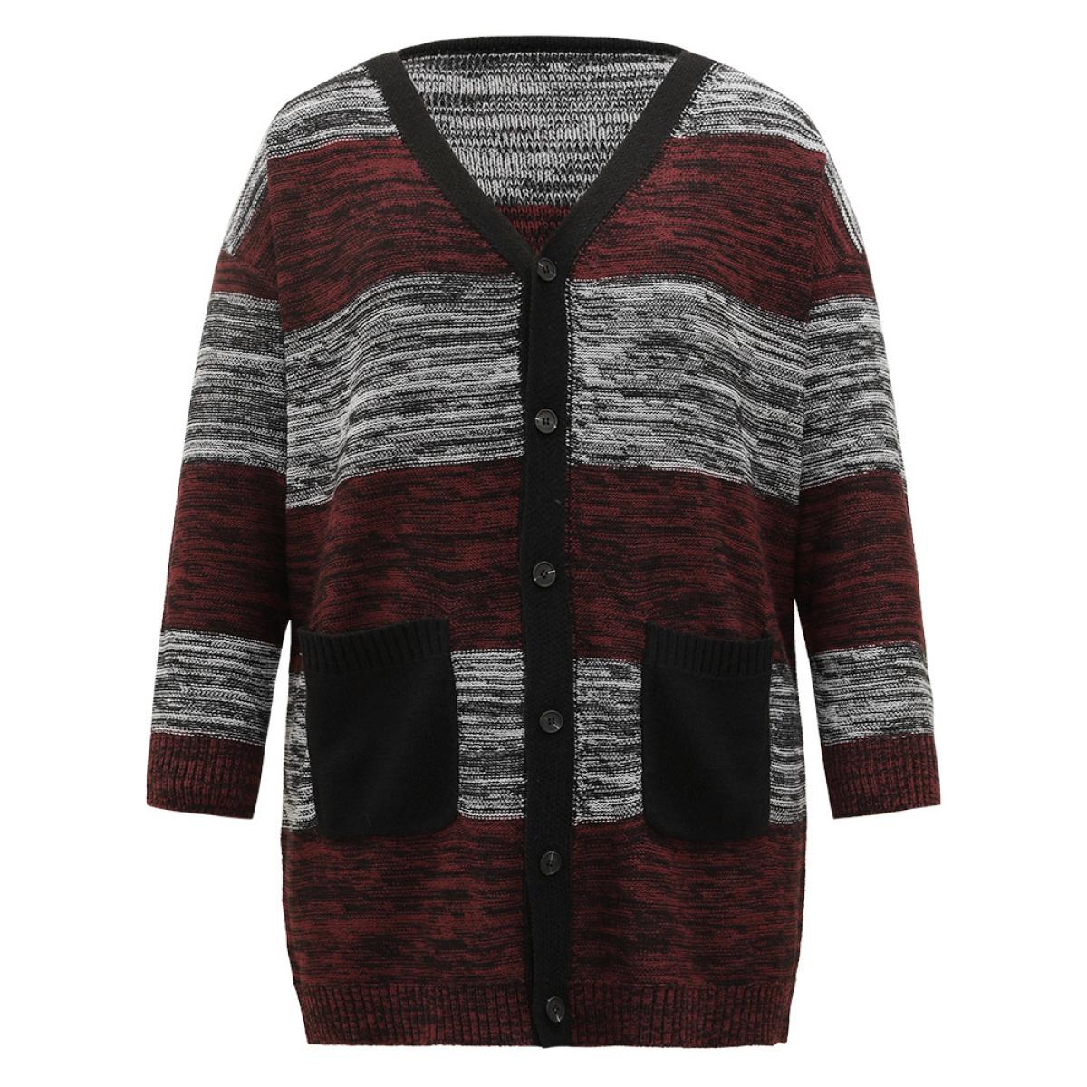 Plus Size Heather Colorblock Contrast Pocket Button Through Cardigan Burgundy Women Casual Loose Long Sleeve Everyday Cardigans BloomChic 14-16/1X Product Image