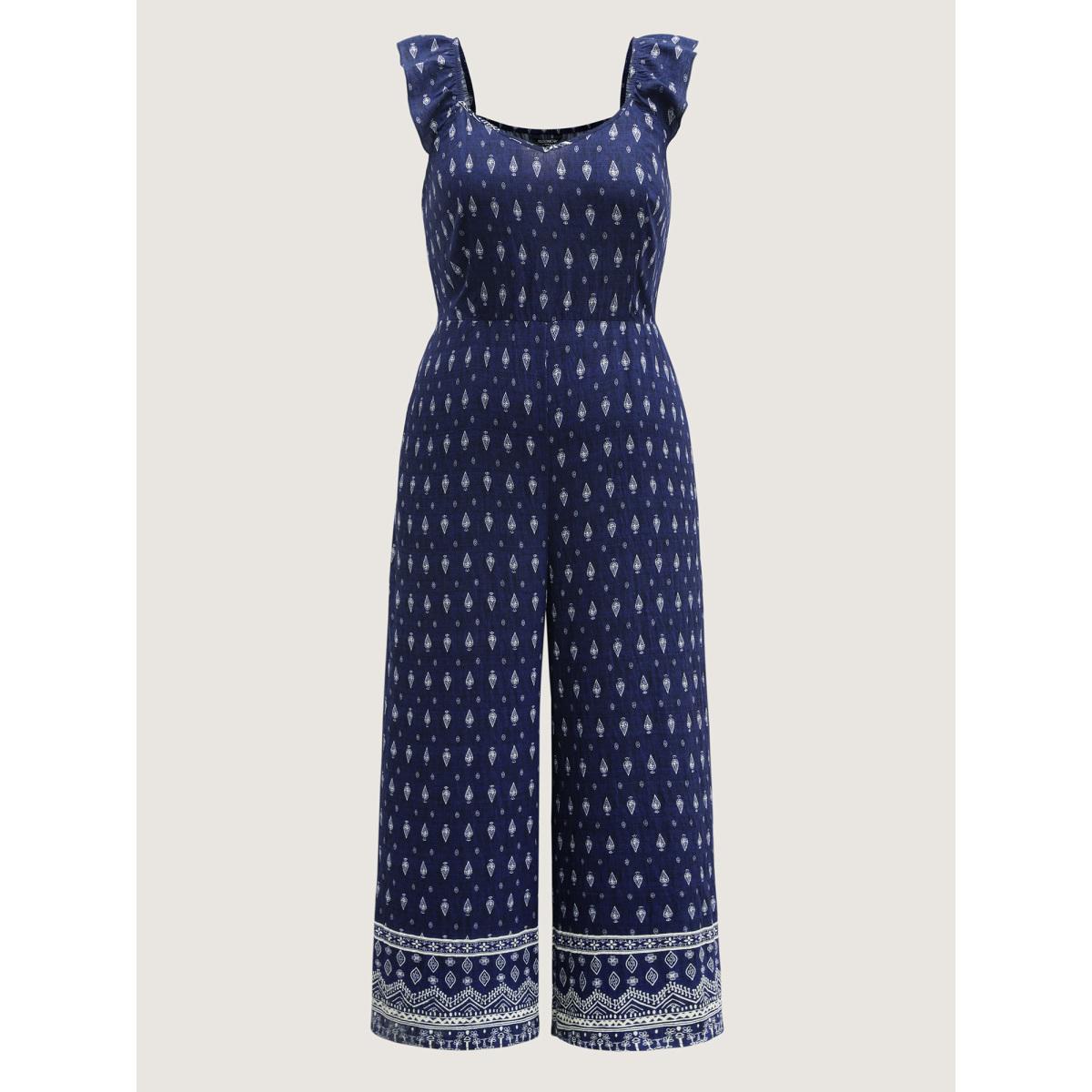 Plus Size Indigo Rayon Boho Print Stretchy Waist Jumpsuit Women Sleeveless Non Vacation Loose Jumpsuits BloomChic 18-20/2X Product Image