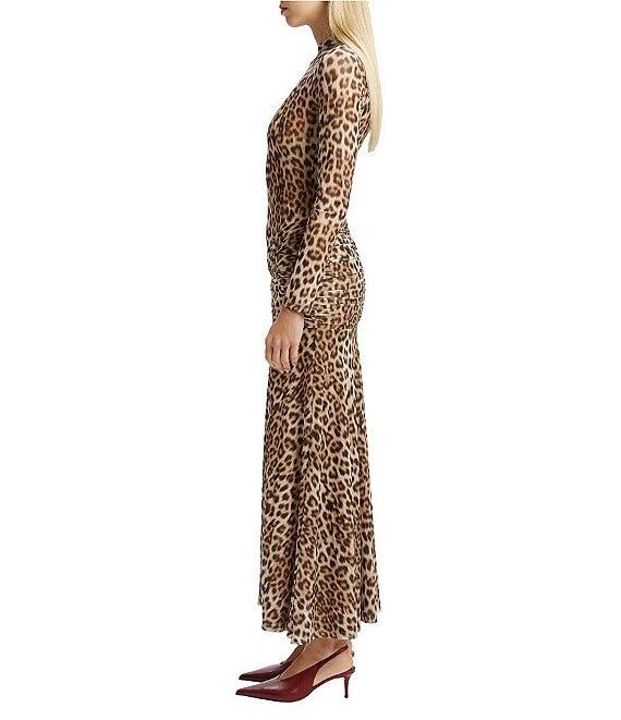 Bardot Leopard Print Mesh Long Sleeve Ruched Slit Maxi Dress Product Image