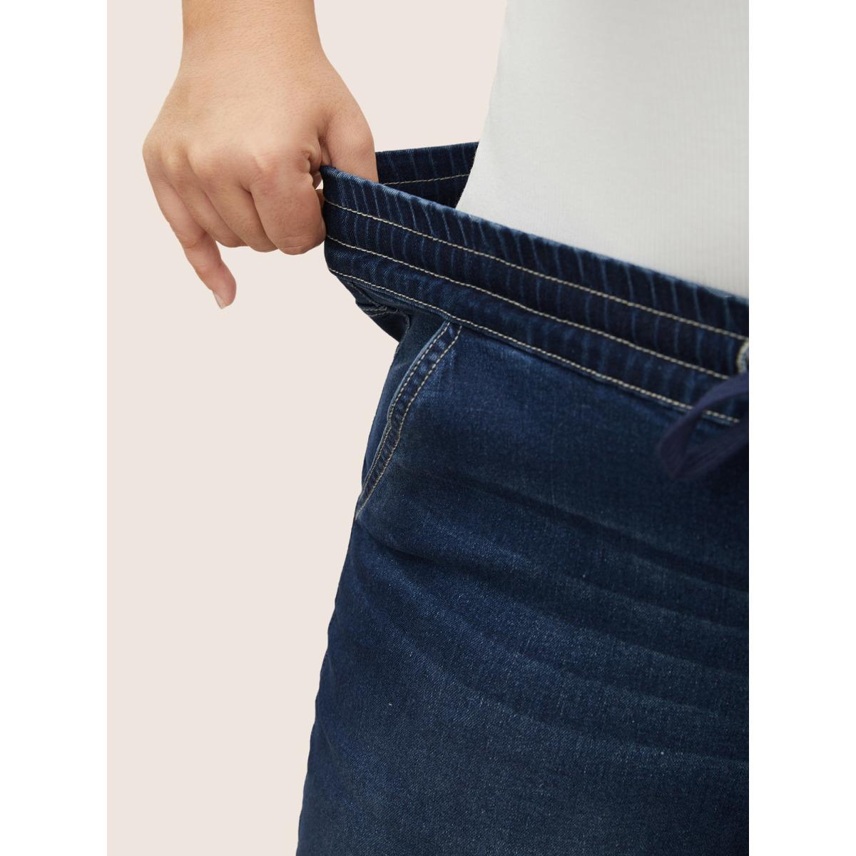 Plus Size Roll Hem Elastic Waist Drawstring Denim Shorts Women Indigo Drawstring High stretch Everyday Slanted pocket Casual Denim Shorts BloomChic 24/3X Product Image