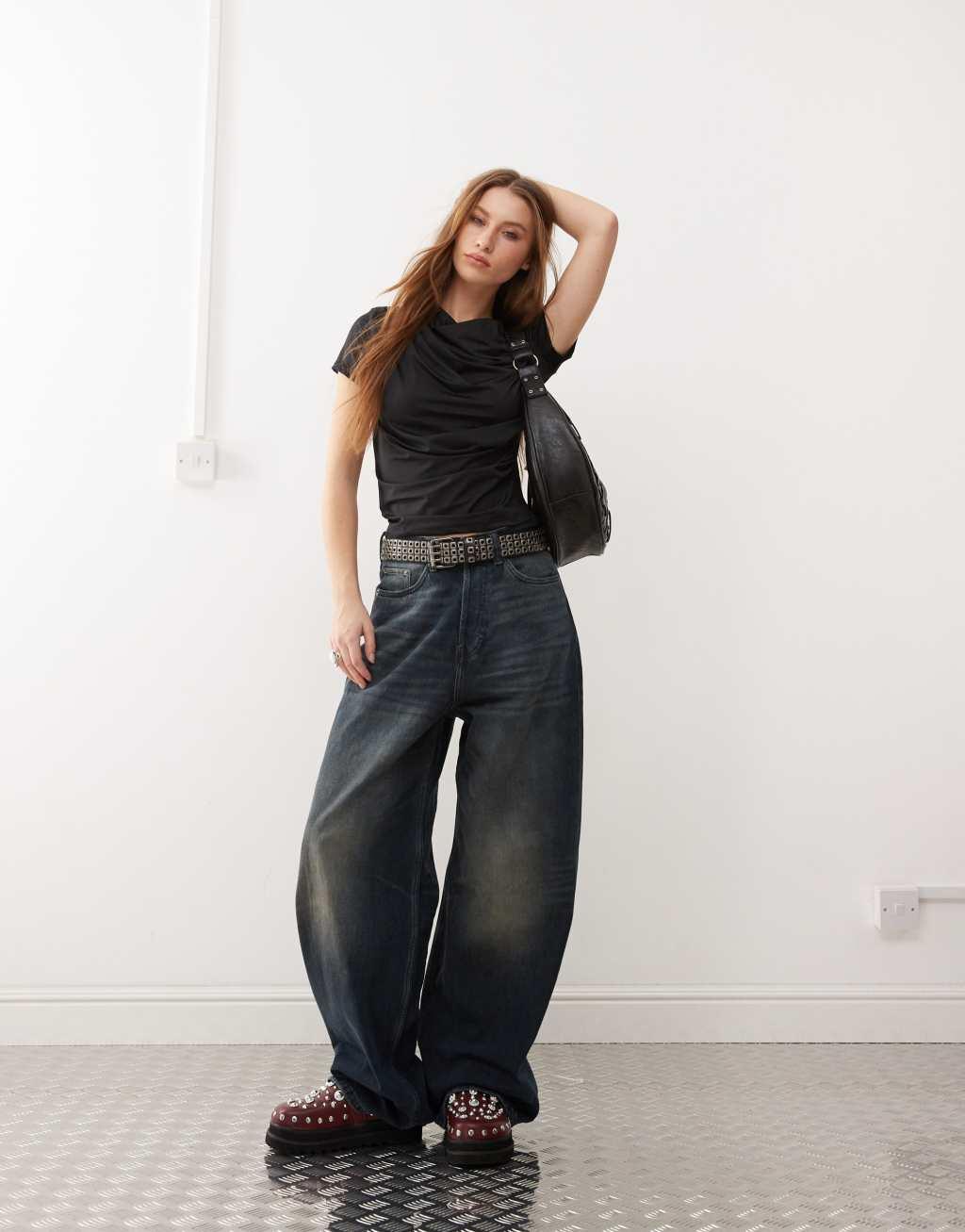 COLLUSION cowling drape detail slinky cap sleeve top in black Product Image