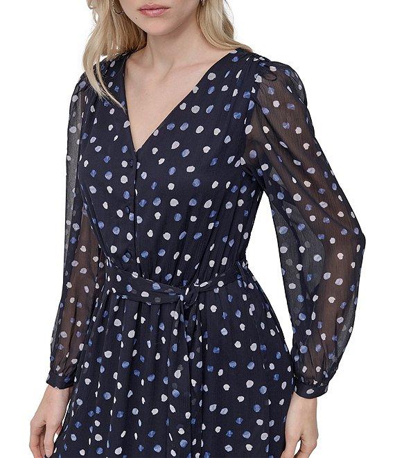 DKNY by Donna Karan Dotted Print Chiffon V-Neck Long Sleeve Fit And Flare Dress Product Image
