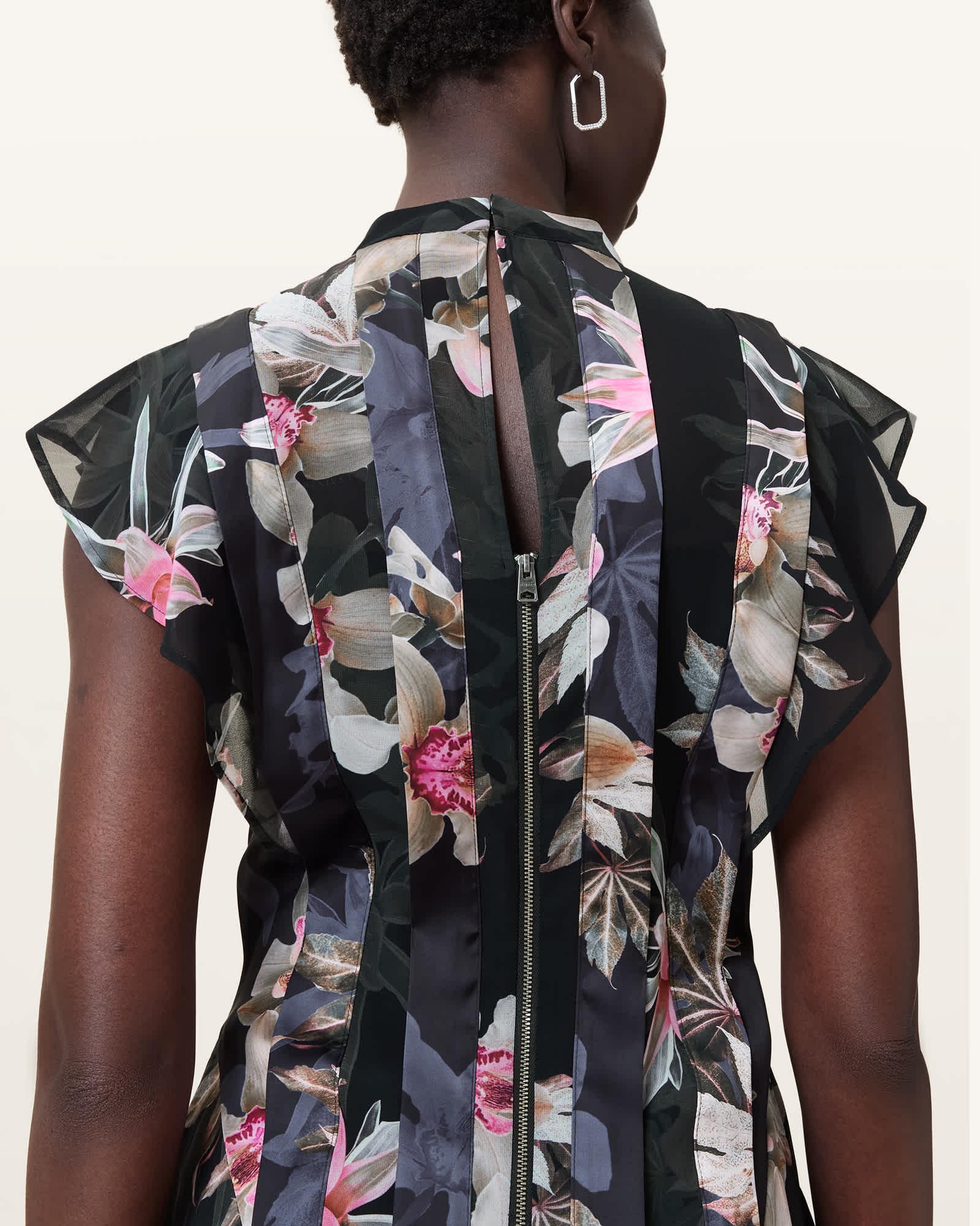 Fleur Printed Asymmetric Mini Dress ADENA BLACK | ALLSAINTS US Product Image