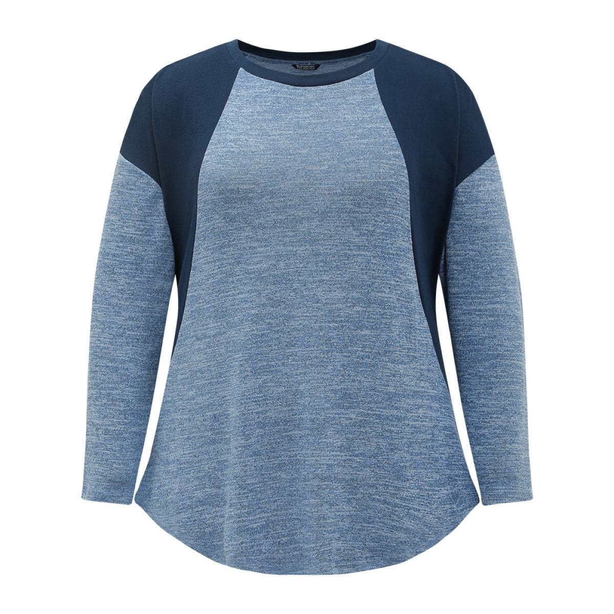 Plus Size Heather Patchwork Round Neck Curved Hem T-shirt Blue Women Elegant Contrast Plain Round Neck Dailywear T-shirts BloomChic 26/4X Product Image
