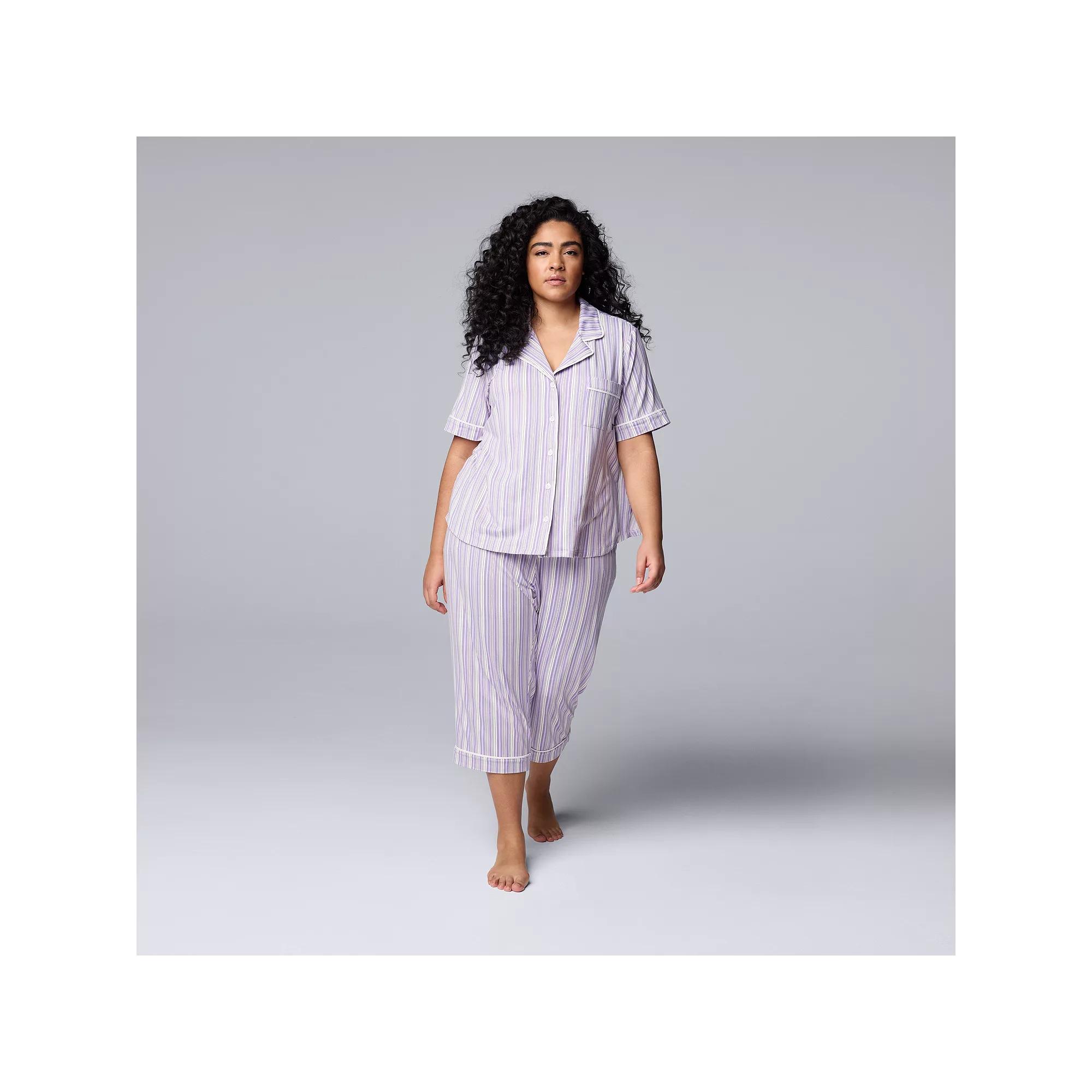 Plus Size Simply Vera Vera Wang Cozy Short Sleeve Notch Collar Pajama Top & Capri Pajama Pants Set, Women's, Size: 3XL, Purple Stripe Product Image
