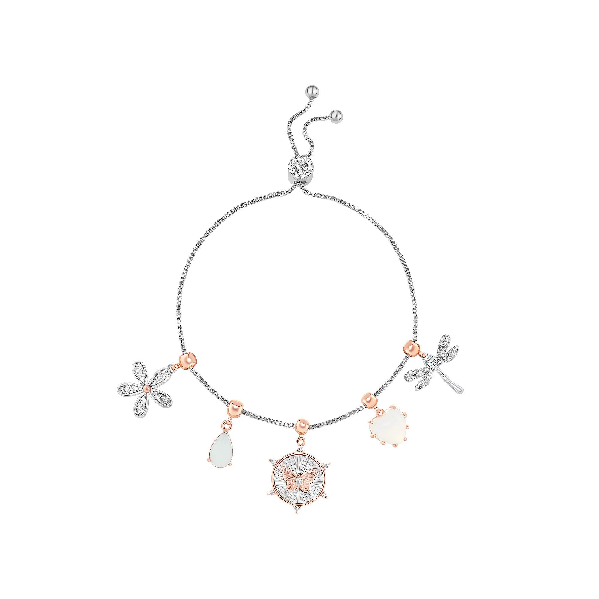 Brilliance Fine Silver Plated and 18k Rose Gold Flash Plated Cubic Zirconia and Opal Charm Slider Bracelet, Women's, Size: 4-10" ADJ, Silver Tone Team Product Image