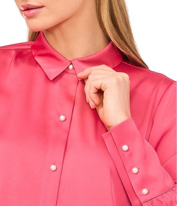 CeCe Satin Point Collar Long Sleeve Tall Cuff Pearl Button Front Blouse Product Image