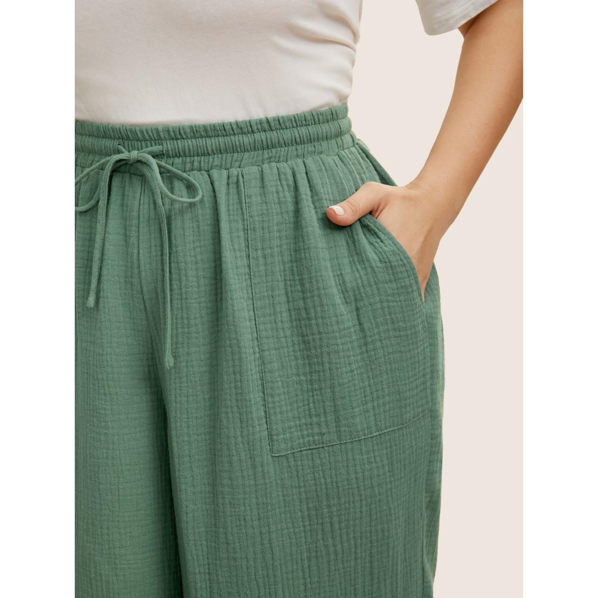 Plus Size Plain Textured Drawstring Wide Leg Pants Women Emerald Casual Wide Leg Mid Rise Everyday Pants BloomChic 10/M Product Image