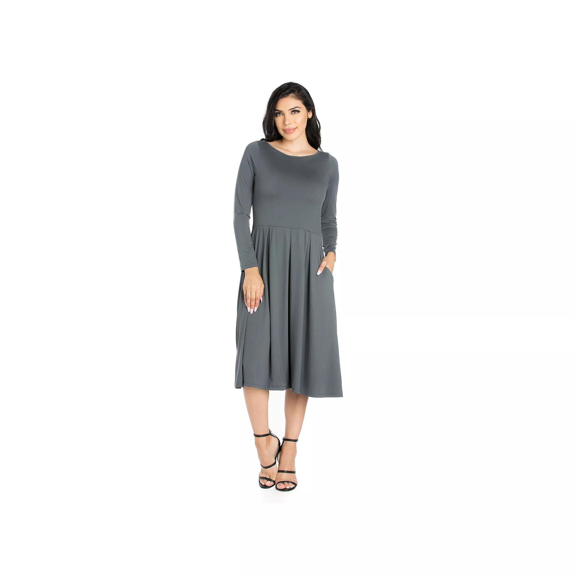 Women's 24Seven Comfort Apparel Long Sleeve Fit & Flare Dress with Pockets,  Product Image
