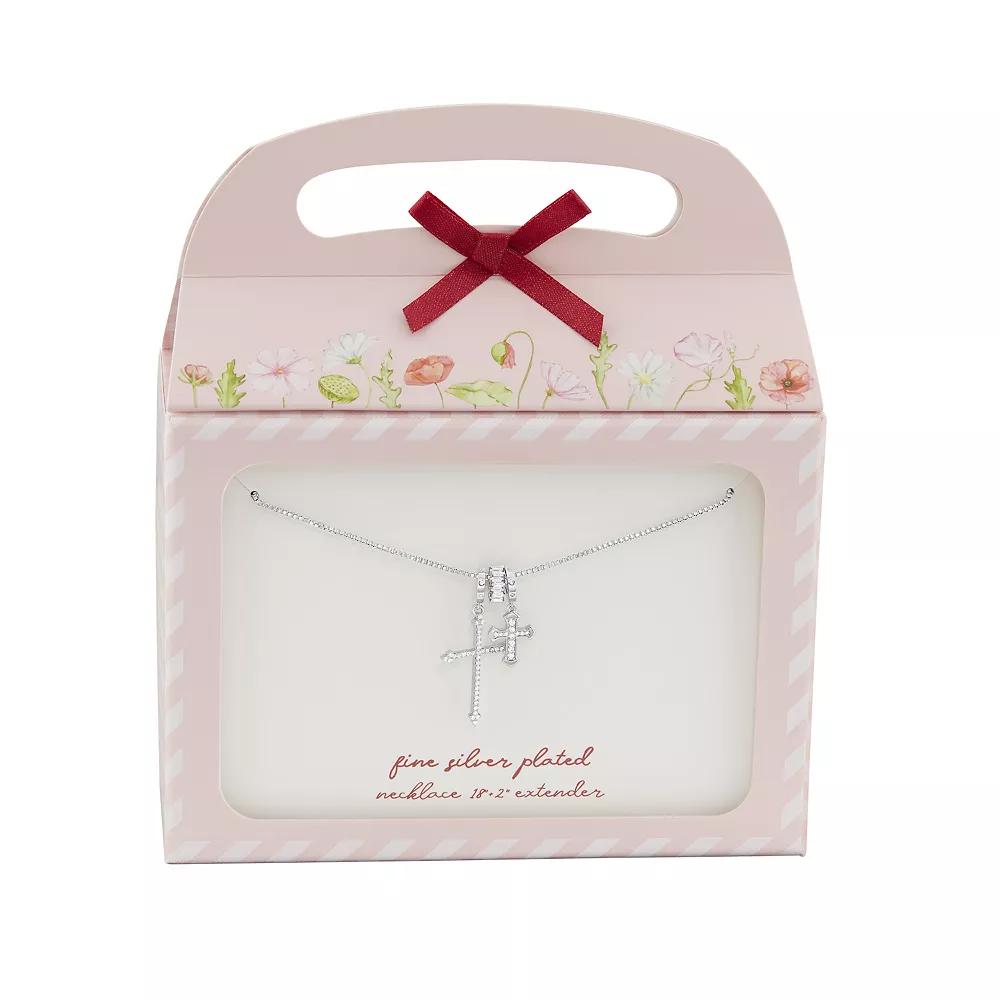 Brilliance Fine Silver Plated Cubic Zirconia Double Cross Charm Box Chain Necklace, Women's, Size: 18", Silver Tone Product Image