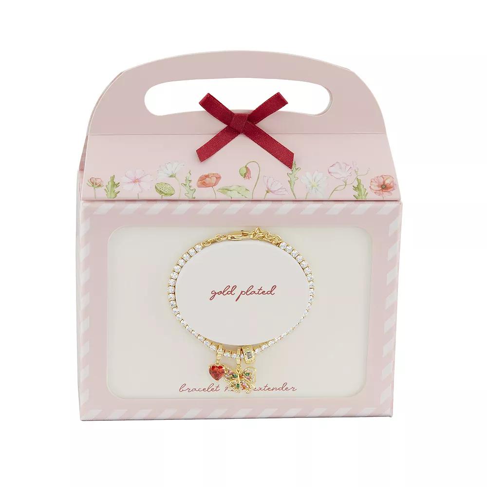 Brilliance 18k Gold Flash Plated Garnet Cubic Zirconia Heart Charm & Multi-Color Cubic Zirconia Butterfly Charm Tennis Bracelet, Women's, Size: 8.5", Gold Tone Product Image