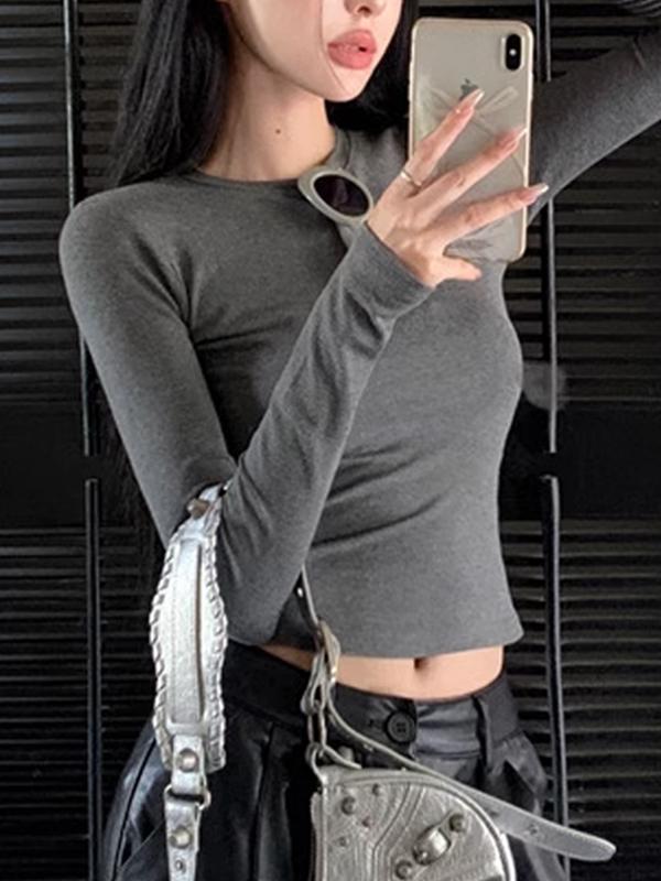 Round Neck Straight Shoulder Long Sleeve T Shirt Product Image