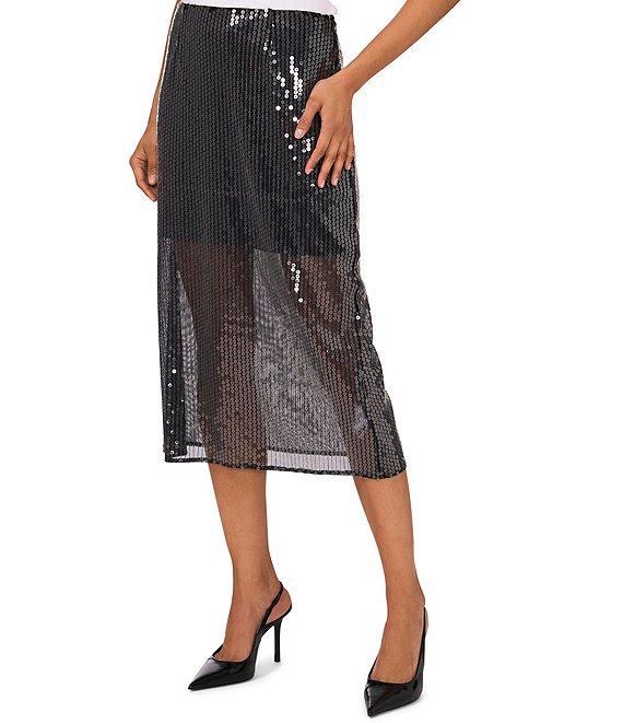 1. STATE Sequin Mesh Sheer Illusion High Rise Slip Midi Skirt Product Image