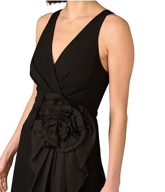 Aidan Mattox Double V-neck 3D Flower Knit Crepe Hi low Faux Wrap Midi Dress Product Image