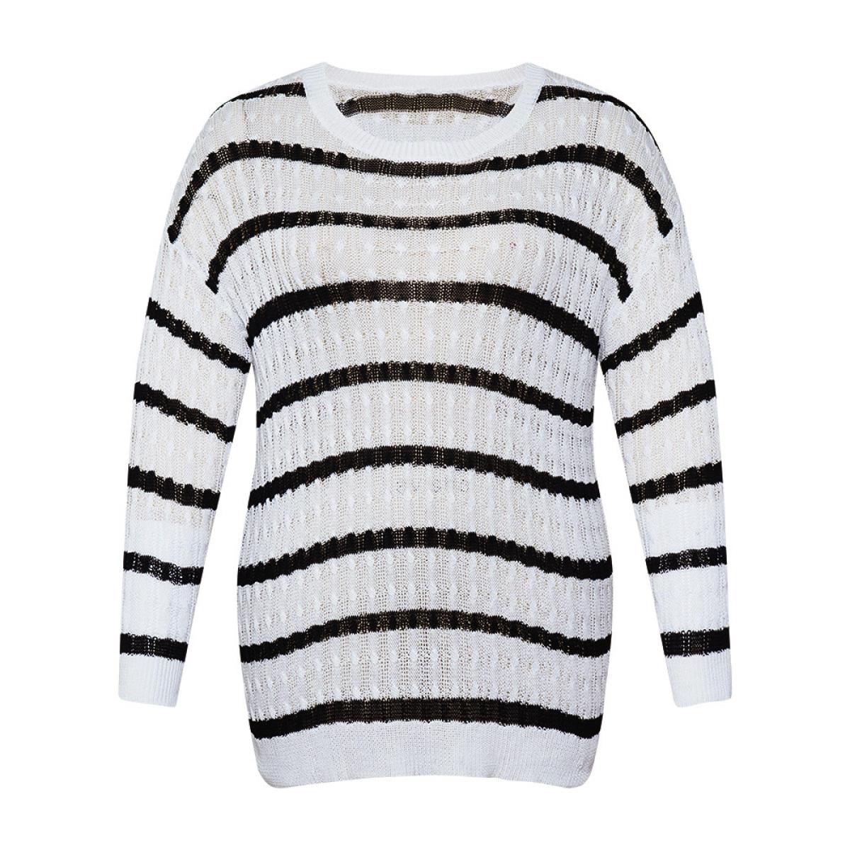 Plus Size Striped Cable Knit Drop Shoulder Pullover White Women Casual Bodycon Long Sleeve Round Neck Everyday Pullovers BloomChic 10/M Product Image