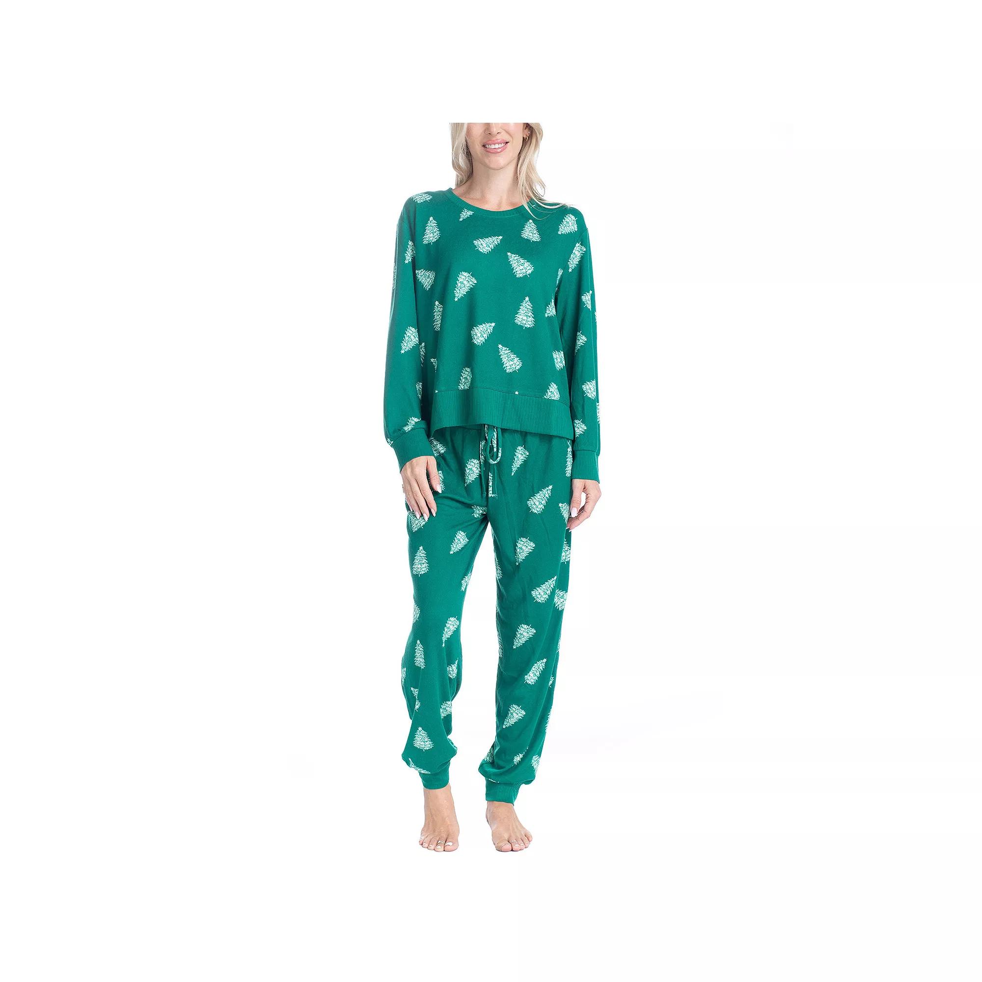 Womens Ocean Pacific Fuzzy Feelings Long Sleeve Pajama Shirt & Pajama Bottoms Sleep Set Green Tree Product Image