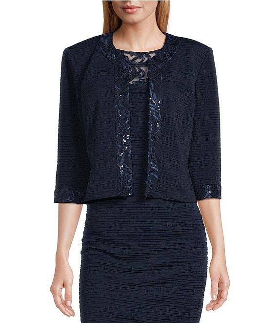Le Bos Round Neck 3/4 Sleeve Embroidered Mesh Trim Textured 2-Piece Jacket Dress Product Image