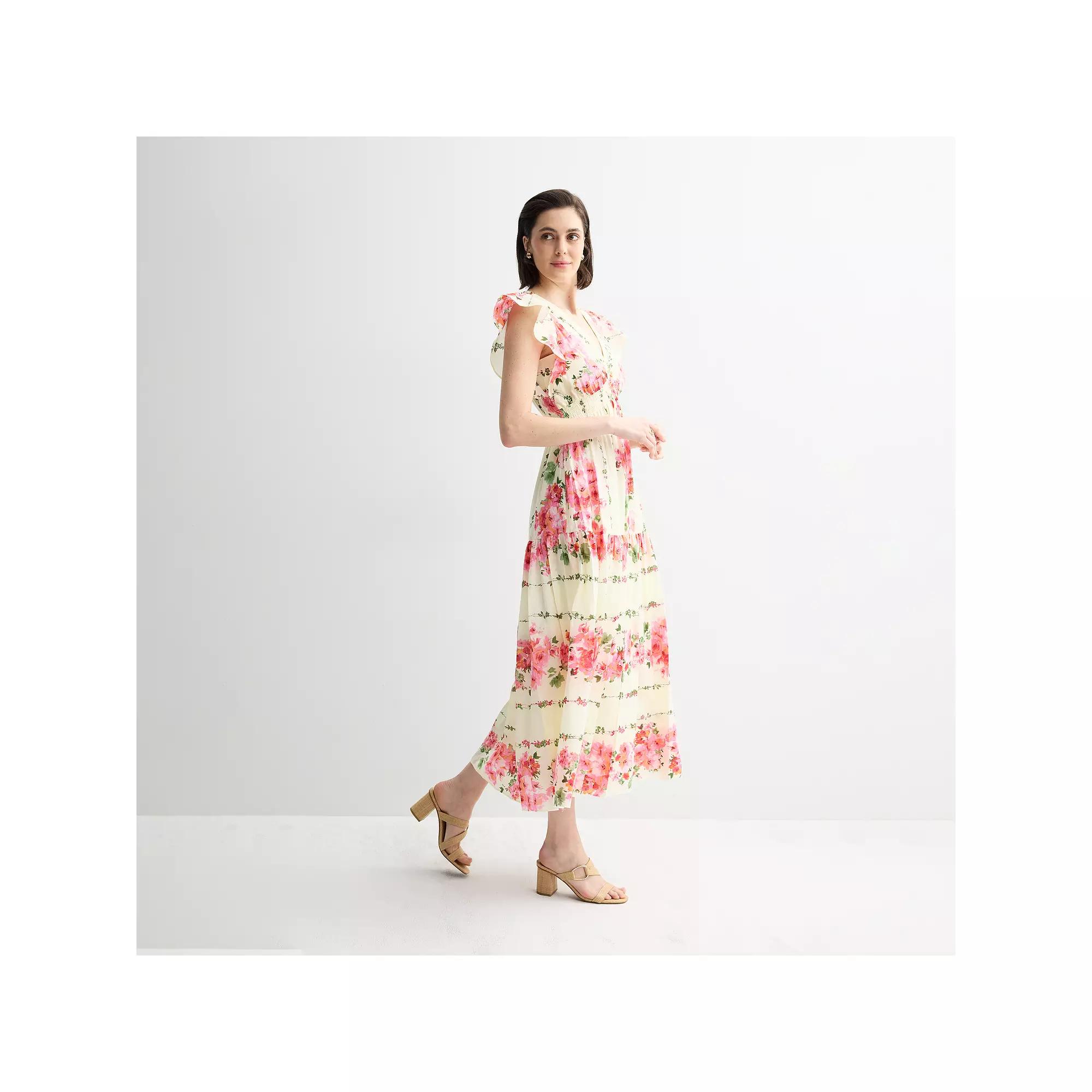 Women's Taylor Smocked Waist Flutter Sleeve Maxi Dress, Size: 6, Ivory Pink Floral Product Image