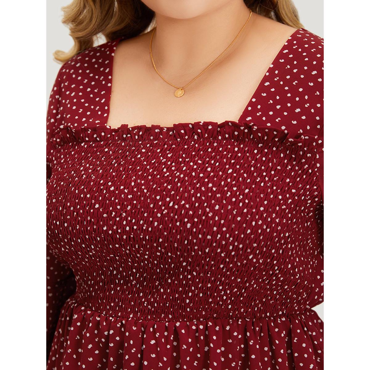 Plus Size Scarlet Leopard Print Frill Trim Shirred Mesh Square Neck Blouse Women Elegant Elbow-length sleeve Square Neck Dailywear Blouses BloomChic 10/M Product Image