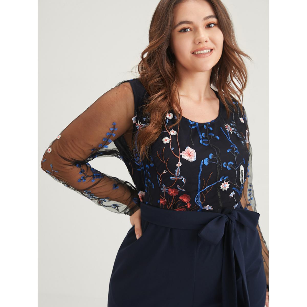 Plus Size DarkBlue Solid Pocket Embroidered Mesh Sleeve Knotted Jumpsuit Women Glamour Long Sleeve Round Neck Going out Loose Jumpsuits BloomChic 14-16/1X Product Image
